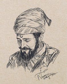 a drawing of a man with a beard wearing a turban and bandana