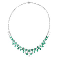 Immerse yourself in the enchanting allure of this Pear Zambian Emerald Gemstone Necklace, adorned with Pear and Round Diamonds, a breathtaking masterpiece of fine jewelry crafted in 18 Karat White Gold. Item Code :- SEN-51197 Gross Wt. :- 29.42 gm 18k White Gold Wt. :- 23.91 gm Natural Diamond Wt. :- 9.30 Ct. ( AVERAGE DIAMOND CLARITY SI1-SI2 & COLOR H-I ) Zambian Emerald Wt. :- 18.26 Ct. Necklace Length :- 16 Inches Long ✦ Sizing ..................... We can adjust most items to fit your sizing Luxury Diamond White Emerald Necklace, Luxury White Gold Gemstone Necklace, Luxury Exquisite Oval Emerald Necklace, Luxury Pear-shaped Emerald Gemstone Necklace, Luxury Teardrop Emerald Necklace With 17 Jewels, Drop Emerald Necklaces For Formal Occasions, Emerald Drop Necklace For Formal Occasions, Formal Drop Emerald Necklace, Briolette Emerald Necklace For Formal Occasions