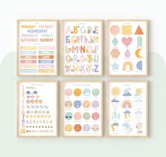 four children's wall art prints in various shapes and sizes