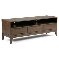 an entertainment center with two drawers on one side and three open shelves on the other