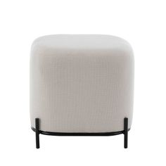 a white ottoman with black legs on a white background