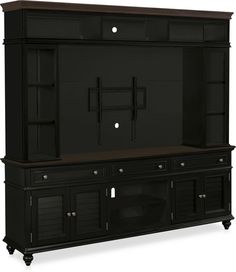 a black entertainment center with doors and drawers