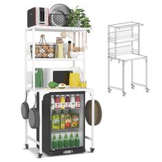 an image of a kitchen cart with food and drinks on it's shelfs