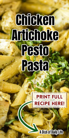 chicken artichoke pesto pasta recipe with an arrow pointing to it