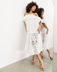 ASOS EDITION blouson off shoulder tiered eyelet midi dress in white | ASOS Spring Eyelet Midi Dress For Brunch, Spring Brunch Eyelet Midi Dress, White Midi-length Off Shoulder Dress For Brunch, White Off-shoulder Midi Dress For Brunch, White Midi Length Off Shoulder Dress For Brunch, White Midi Off Shoulder Dress For Brunch, Feminine Off Shoulder Midi Dress For Spring, Day Out Midi Dress With Broderie Anglaise, White Feminine Off-shoulder Dress For Brunch