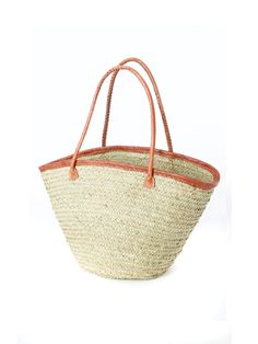 Kenyan artisans expertly weave thinner strips of palm leaves to create this stylish open top tote bag. This indispensable palm fiber tote offers a more refined weave than other palm shoppers. A leather trimmed top and handles add style and durability. A lovely handwoven fair trade basket from Africa, so darling that you and your little one may want to get matching baskets. Natural Fiber Straw Bag With Rolled Handles For Shopping, Shopping Straw Bag With Rolled Handles, Eco-friendly Woven Leather Straw Basket Bag, Woven Leather Beach Bag For Shopping, Woven Leather Straw Shopping Bag, Shopping Straw Bag With Woven Leather, Eco-friendly Palm Leaf Beach Bag With Leather Handles, Palm Leaf Beach Bag With Braided Handles For Shopping, Natural Woven Leather Straw Bag For Shopping