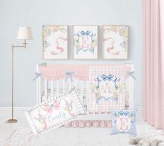 Made just for your baby girl, you're going to LOVE this personalized blue and pink bow crib bedding set! Perfect for any baby girl nursery bedding, personalize this shabby chic pink baby girl crib bedding set with your baby's name and monogram initials on these personalized baby girl crib bedding pieces for an adorable addition to your pink nursery, pink bow nursery, or grandmillenial nursery! ♥ CRIB BEDDING SET OPTIONS ~ 2 Piece Set: Baby girl crib sheet of your choice Personalized baby girl blanket ~ 3 Piece Set: Baby girl crib sheet of your choice Personalized baby girl blanket Personalized bow nursery pillow ~4 Piece Set: 2 baby girl crib sheets (both crib sheet #1 AND crib sheet #2 - 1 of each) Personalized baby girl blanket Personalized bow nursery pillow ♥ ADD ONS ~ Matching Changin Girl Crib Sheets, Blue Crib Bedding, Bow Nursery, Baby Girl Crib Sheets, Baby Girl Crib Bedding Sets, Matching Wall Art, Nursery Decor Pink, Blue Crib