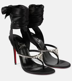 Just Queen Du Desert embellished sandals in black - Christian Louboutin | Mytheresa Pop Shoes, Christian Louboutin Sandals, Minimal Shoes, Black And Black, Mid Heels Pumps, Mid Heel Sandals, Beautiful Sandals, Louboutin Heels, Embellished Sandals