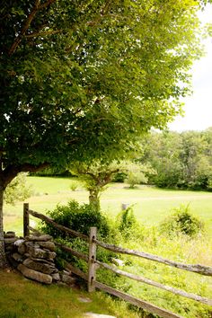 a wooden fence next to a lush green field with trees and rocks in the foreground