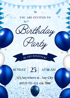 a birthday party flyer with balloons and confetti on the side, in blue tones