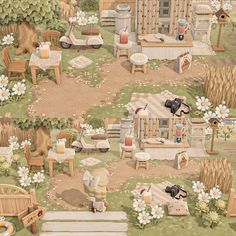 an animated image of a garden with flowers and people