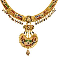 Add this vibrant Indian bridal jewelry set to your gown for your most important day! The Meenakari print made from colorful enamel brings a rich look of cultural egenace to this 22k gold jewelry design. Features • 22k yellow gold • Enamel • Meenakari print • BeadingVirani Jewelers bridal jewelry made from 22k gold brings together the beauty and significance of Indian culture and traditions. Find more beautiful 22k gold Indian bridal jewelry like this Meenakari jewelry set on our website.Specific Festive Multicolor 22k Gold Bridal Necklace, Traditional Multicolor 22k Gold Necklaces, Traditional Multicolor 22k Gold Necklace, Multicolor 22k Gold Jewelry With Cutdana, Multicolor 22k Gold Cutdana Jewelry, Multicolor Cutdana 22k Gold Jewelry, 22k Yellow Gold Kundan Necklace With Meenakari, Yellow Gold Kundan Temple Necklace With Meenakari, Multicolor 22k Gold Temple Necklace For Gift