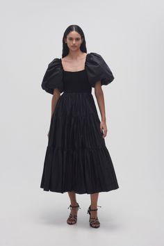 Casa Puff Sleeve Midi Dress | Black | Aje – Aje World Puff Sleeve Midi Dress Outfit, Black Puff Sleeve Dress, Puff Sleeve Midi Dress, Flattering Outfits, Petite Style, Stripped Dress, Midi Dress Black, Denim Accessories, Dress 12