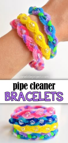 three different colored bracelets with the words pipe cleaner bracelets on top and bottom