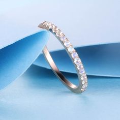 Dainty Moonstone Wedding Band, Simple Moonstone Ring, Rose Gold Ring, Pave Band, Anniversary Ring, Moonstone Jewelry, Christmas Gift - Etsy Elegant Moonstone Crystal Ring With Halo, Elegant Moonstone Halo Crystal Ring, Elegant Halo Moonstone Crystal Ring, Elegant Moonstone Ring For Promise, Anniversary White Moonstone Ring With Halo, Elegant Moon Shaped Moonstone Promise Ring, Elegant Moonstone Moon-shaped Promise Ring, Elegant Moon Shaped Opal Ring For Gift, Moonstone Halo Crystal Ring For Wedding