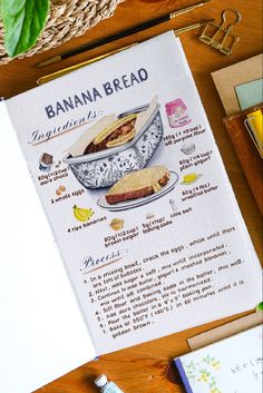 a banana bread recipe sitting on top of a table