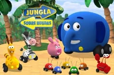 the cartoon characters are playing with each other in front of a sign that says jungle