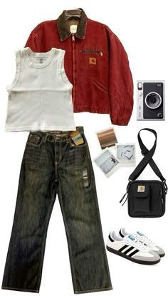 How To Style Brown Shorts, Red Jean Jacket Outfit, Red Jacket Outfit Aesthetic, Outfits For Rainy Days, Look Jean, Looks Street Style