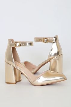 Gold Block Heel Party Heels, Gold Block Heel Heels For Party Season, Gold Round Toe Heels For Night Out, Chic Gold Heels For Party Season, Gold Heels For Prom And Party Season, Glamorous Gold Heels For Party Season, Gold Closed Toe Heels For Prom, Gold Heels For Holiday Night Out, Gold Block Heel Shoes For Holidays