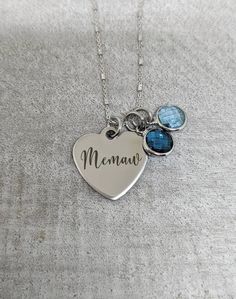 "This sterling necklace is adorned with a stainless steel mirror polished heart shaped charm that reads, \"Memaw,\" and can come with or without 8mm birthstone charms. Necklaces are available in 18 or 20 inches. Please see photos for available charm colors, and put the desired months in the personalization box during checkout. The stones will be arranged in the order you leave them in your note. Enter my shop here to find similar items: https://etsy.me/2EERm29 All items arrive boxed and ready fo Stainless Steel Round Pendant Jewelry For Mother's Day, Stainless Steel Pendant Jewelry For Mother's Day, Hypoallergenic Charm Necklaces For Mother's Day Gift, Mother's Day Stainless Steel Necklace For Mom, Personalized Blue Jewelry For Mother's Day, Mother's Day Gift Stainless Steel Necklace, Stainless Steel Necklace For Mother's Day Gift, Hypoallergenic Necklaces As Gift For Mom, Hypoallergenic Stainless Steel Necklace For Personalized Gifts