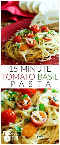 three different types of pasta with tomatoes and basil on top, one in the middle