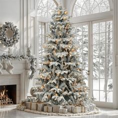 a decorated christmas tree in front of a fireplace with presents on the mantle and windows