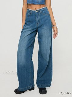 Lasaky - Wide Leg Pants with Blue Wash and Flared Hems Casual Wide Leg Denim Blue Pants, Dark Wash High-waisted Relaxed Fit Pants, Baggy Full Length Denim Blue Bottoms, Baggy Denim Blue Mid-rise Wide Leg Pants, Baggy Full-length Denim Bottoms, Casual Denim Blue Wide Leg Pants, Summer Full-length Pants With Five Pockets, Denim Blue High Rise Baggy Wide Leg Pants, Relaxed Fit Full Length Denim Blue Pants