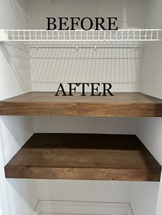 the before and after of a white closet with shelving in it's bottom shelf