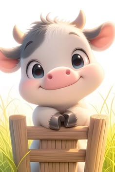 a cartoon cow sitting on top of a wooden fence