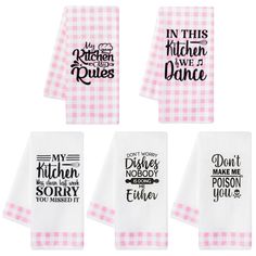 four kitchen towels with different sayings on them