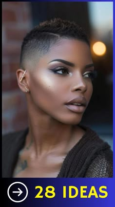 Discover a selection of 28 short haircuts for Black women that are both modern and timeless. These hairstyles, ranging from sleek bobs to playful pixie cuts, are designed to showcase your natural beauty. With a focus on low maintenance and high style, these cuts provide a versatile look for any occasion. Choose the perfect short haircut to complement your style. Really Short Pixie Haircut Black Women, Women Fades Haircuts, Short Hair Texturizer Black Hair, Short Haircuts For African Women, Short Natural Haircuts For Round Faces Black Women, Black Woman Fade Haircut, Barber Cuts For Women, Spiked Short Hair, Short Shaved Hairstyles For Black Women