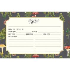 recipe card with mushrooms and plants on it, in front of a black background that says recipe