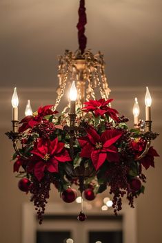 a chandelier decorated with poinsettis and greenery is lit by candles