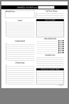 a printable worksheet with the words weekly to do's on it