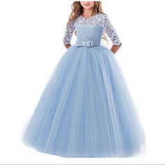 Flower Girls Lace & Tulle 3/4 Sleeve Ball Gowns, Birthday Dress 160 - Sz 11/12 Yr Old Condition Is New With Tags. Beautiful Lace Detailing, Cotton Lining, 3/4 Sleeves. Layered Tulle Skirt Dress For Kids 11-12 Wedding Blue, Girls Dresses Summer Children, Kids Bridesmaid Dress, Princess Bridesmaid Dress, Kids Formal, Ball Gowns Princess, First Communion Dress, Ceremony Dresses, Flower Girl Dress Lace