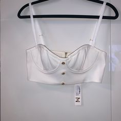 Brand New. Never Worn With All Tags. Gold Buttons And Zipper Back White Cropped Crop Top With Boned Bodice, Chic White Corset With Straps, Summer Crop Top With Boned Bodice And Underwire, White Sleeveless Crop Top With Boned Bodice, White Cropped Top With Boned Bodice, White Crop Top With Boned Bodice For Night Out, Fitted White Crop Top With Boned Bodice, Summer White Underwire Corset, White Crop Top With Boned Bodice For Party