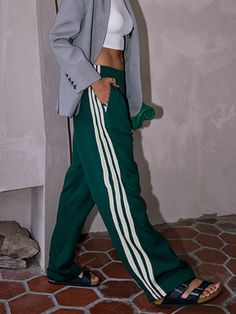 Casual Striped Patchwork Pants Affordable Adidas Sporty Pants, Adidas Womens Sweats, Green Side Stripe Pants For Streetwear, Green Pants With Side Stripes For Streetwear, Green Streetwear Pants With Side Stripes, Green Athleisure Bottoms With Side Stripes, Sporty Green Straight Leg Pants, Wnba Women Fashion, Trendy Sweatpants With Side Stripes For Spring