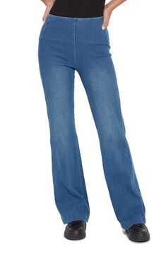 Slimming lines and a comfortable high waist create a streamlined look in wide-leg trousers cut from stretch-cotton denim. 33" inseam; 10" leg opening; 10 1/2" front rise; 13 1/2" back rise Pull-on style
 Decorative back welt pockets 95% cotton, 5% spandex Machine wash, line dry Imported Hosiery Modern High Waist Denim Blue Pants, Denim Blue Wide-leg Flare Jeans For Spring, Modern Mid-rise Denim Blue Pants, Versatile Medium Wash Wide Leg Flare Jeans, Non-stretch Wide Leg Flare Jeans In Medium Wash, Versatile Medium Wash Wide-leg Flare Jeans, Modern Denim Blue Full-length Bottoms, Chic Denim Blue Relaxed Fit Flare Jeans, Chic Relaxed Fit Denim Blue Flare Jeans