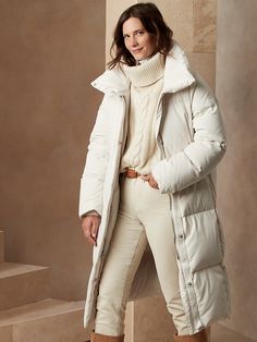 Petite Oversized Water-Repellent Long Puffer Coat | Banana Republic Long Puffer Jacket Outfit, Puffer Jacket Outfit, Long Puffer Jacket, White Puffer, Long Puffer Coat, Fur Hoodie, Long Puffer, A Storm, Environmental Impact