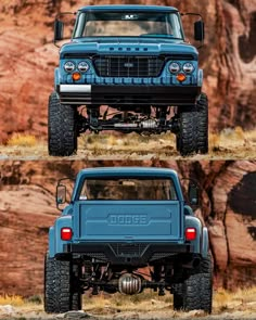 two pictures of the front and back of a blue truck with rocks in the background