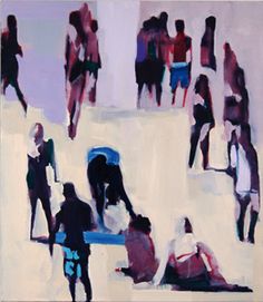 a painting of people walking and sitting on the beach