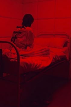 a person sitting on a bed in a red room