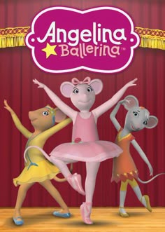 an animated mouse dancing with two mice in front of a red curtain and the words,'angeling ballerina '