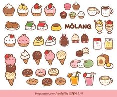 a bunch of different kinds of food and drinks on a white background with the words molang