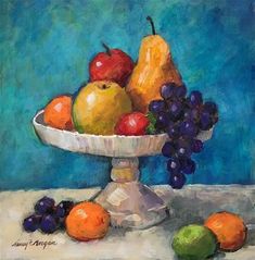 a painting of fruit in a white bowl on a table with grapes and pears