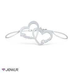 The perfect gift for yourself or someone special, the Interlocked in Love Name Bracelet features two cutout hearts interwoven to form an adorable charm. Personalize it by adding your name and that of someone special and complete it with sterling silver, white or yellow gold. It's a heartfelt gift, ready to give for any occasion! White Gold Double Heart Bracelets For Anniversary, White Gold Heart Bracelet For Anniversary And Mother's Day, White Gold Double Heart Bracelet For Valentine's Day, Personalized Sterling Silver Bracelets For Promise, Elegant Personalized Heart Bracelet For Promises, Silver Sterling Silver Name Bracelet For Promise, Sterling Silver Charm Bracelet For Valentine's Anniversary, Valentine's Day Double Heart Sterling Silver Charm Bracelet, Sterling Silver Double Heart Bracelets