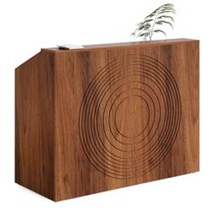 a wooden box with a plant growing out of it