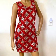 Stunning Red And Silver Harlequin Design Sequined And Beaded Dress For Parties And Cocktails:”; In Soft Poly-Knit Material, Fully Lined; Size Small Or Medium Measures 34 Inch Bust, 30 Inch Waist, Hips 36 Inches, Length 33 Inches, New Without Tags. Sleeveless Sequin Dress For Red Carpet And Holidays, Red Carpet Dresses With Contrast Sequin For Party Season, Red Sequin Party Dress For Summer, Red Sparkling Party Dress, Red Sequin Dress For Festive Occasions, Red Sequin Dress For Party Season, Festive Party Dresses With Rhinestones, Red Sequin Dress For Holiday, Festive Rhinestone Party Dress