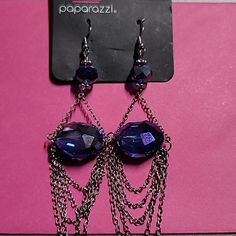 Vintage Paparazzi Earrings Blue Uv Shimmer Silver Tone Chandelier Style With Chains New Without Original Bag. Original Earring Card Blue Chandelier Earrings For Gift, Blue Chandelier Earrings As A Gift, Blue Dangling Beads Jewelry For Party, Blue Dangle Crystal Earrings For Evening, Blue Dangle Jewelry For Party, Party Silver Chain Drop Earrings, Blue Dangle Party Jewelry, Purple Sterling Silver Earrings For Party, Sterling Silver Chain Earrings For Party