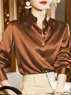 Women's Solid Color Long Sleeve Single-Breasted Casual Business Shirt Brown Elegant  Long Sleeve Woven Fabric Plain Shirt Non-Stretch  Women Clothing, size features are:Bust: ,Length: ,Sleeve Length: Work Polo Shirts, Business Casual Shirts, 70s Outfits, Brown Blouse, The Office Shirts, Plain Shirt, Jairzinho, Plain Shirts, Casual Blouse